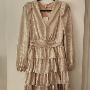 Skies Are Blue Shimmering Gold Tiered Mini Dress